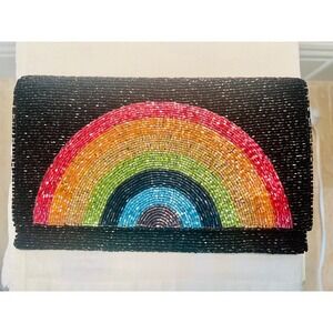 Meredith Hope Beaded Rainbow Clutch Black Evening Bag Shoulder Strap Handbag